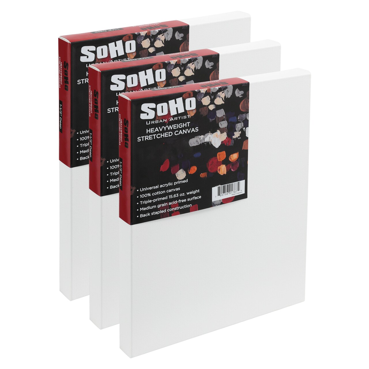 SoHo Urban Artist, 24x36" Heavyweight Stretched Cotton Canvas for Painting - 1.5" Deep- 3 Pack, Triple Primed, 100% Cotton Canvas, Archival, Universal Primed for Oil, Acrylic, Alkyd, Mixed Media